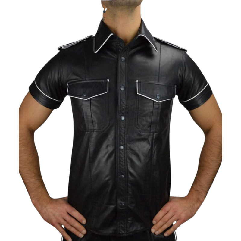 Men's Black Premium Leather Police/Military style short sleeve shirt main image 1