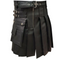 MEN'S Original LEATHER BLACK UTILITY KILT TWIN CARGO POCKETS PLEATED WITH TWIN BUCKLES