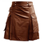 LEATHER BROWN UTILITY KILT TWIN CARGO POCKETS PLEATED WITH TWIN BUCKLES MENS