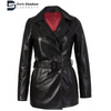 Black Belted Womens Long Leather Coat Made With Original Lambskin Leather