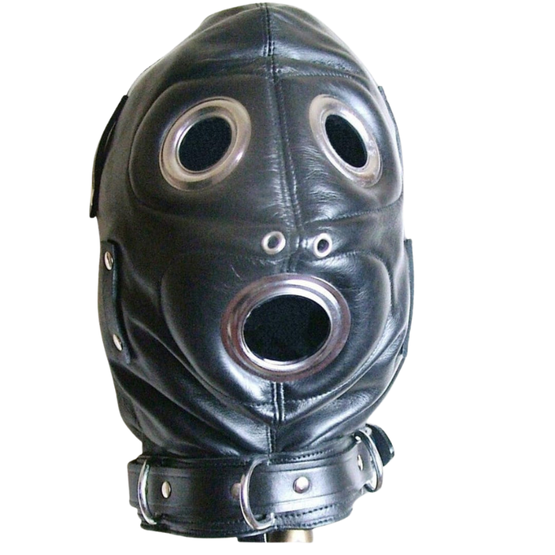 Men Black Leather Bondage Hood Mask Detachable Gag And Eye Piece - HD11