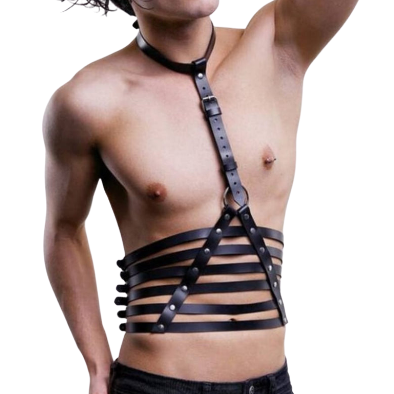 Mens Adjustable Black Leather Bondage Chest Harness with Detachable Groin Strap - H1