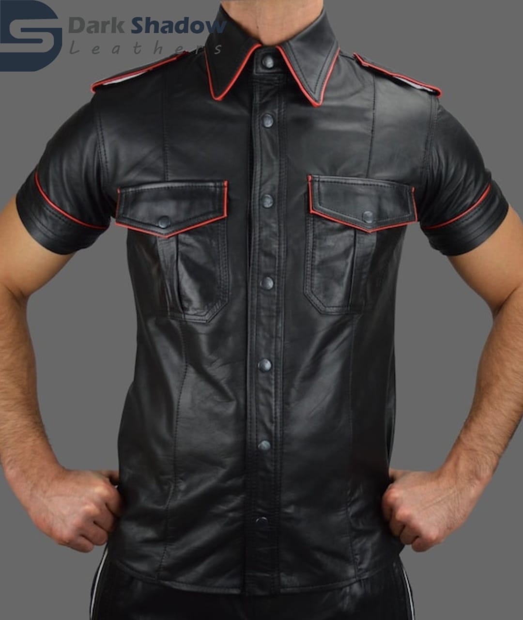 Men's Black Premium Leather Police/Military style short sleeve shirt main image 0