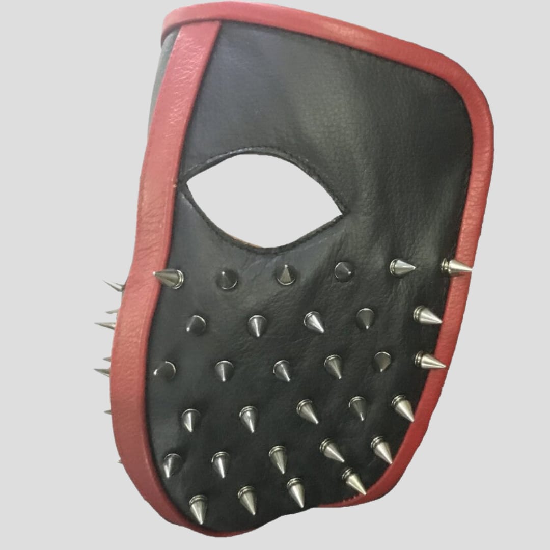 Men Punk Biker 100 Genuine Leather Full face spike Mask Masquerade Bl