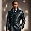 Real leather button-up slim fit long jacket