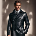 Real leather button-up slim fit long jacket
