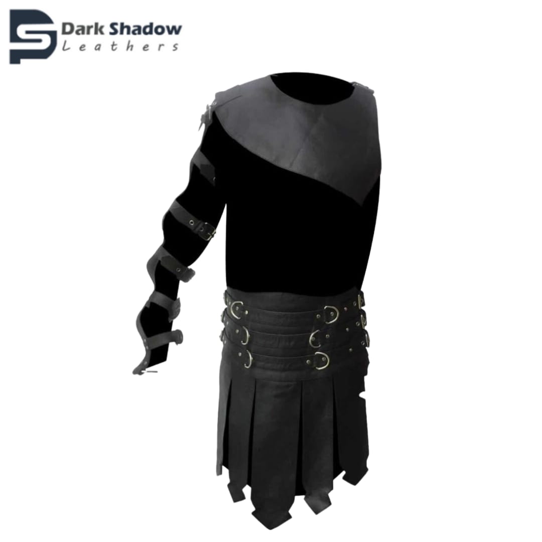 Handmade Mens Black Real Leather Roman Gladiator Set – Authentic Gladiator Costume with Kilt, Harness and Gauntlets - WAR1