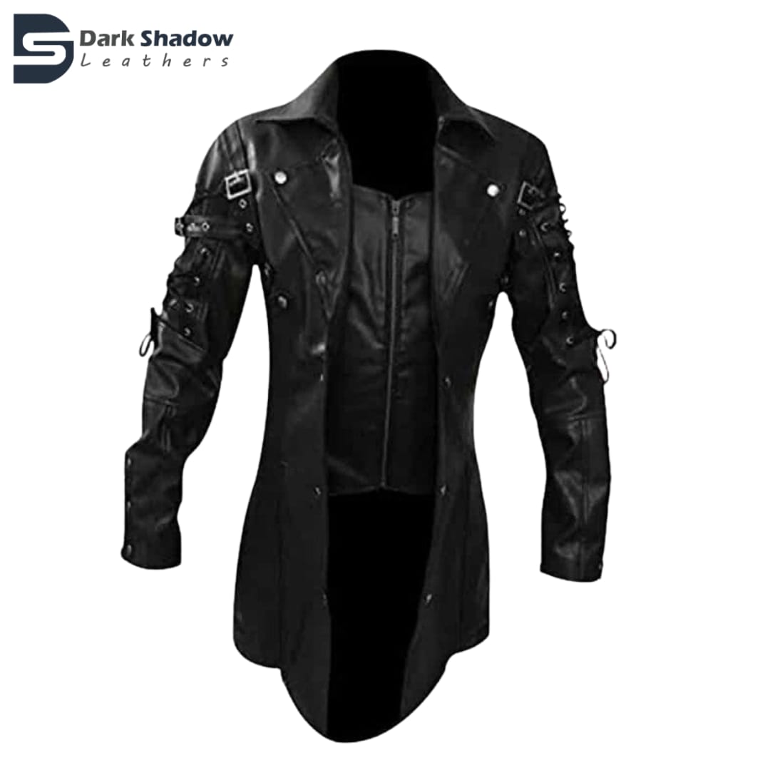 Leather Adults Mens Real Black Leather Goth Matrix Trench Coat Steampu Darkshadow Leathers 4904